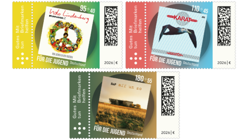 Drei Briefmarken mit den Plattencovern von Udo Lindenberg, Karat, BAP