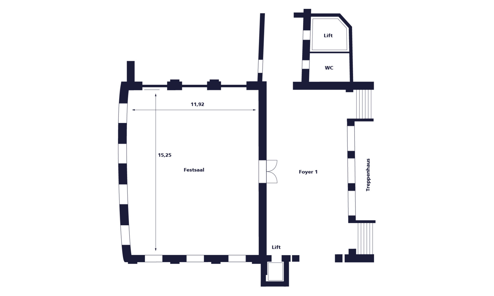 Der Festsaal ist 15,25m lang und 11,92m breit.Das Treppenhaus führt in ein Foyer, von wo aus der Festsaal betreten werden kann. Angrenzend an das Foyer befinden sich Lifte und Toiletten. Der Saal ist rechteckig und hat zwei Fensterseiten.
