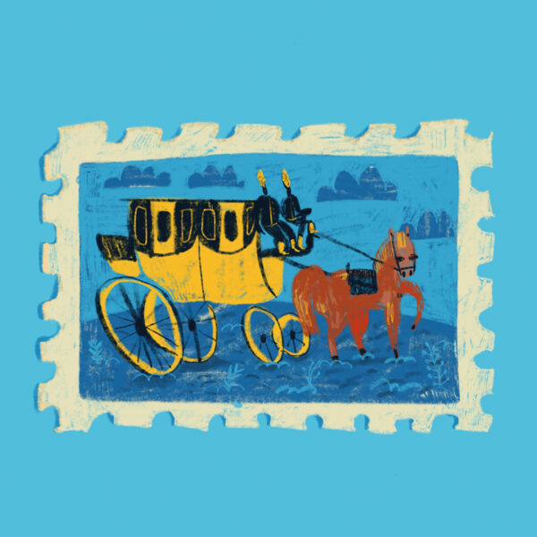 Zeichnung einer Briefmarke mit Postkutsche